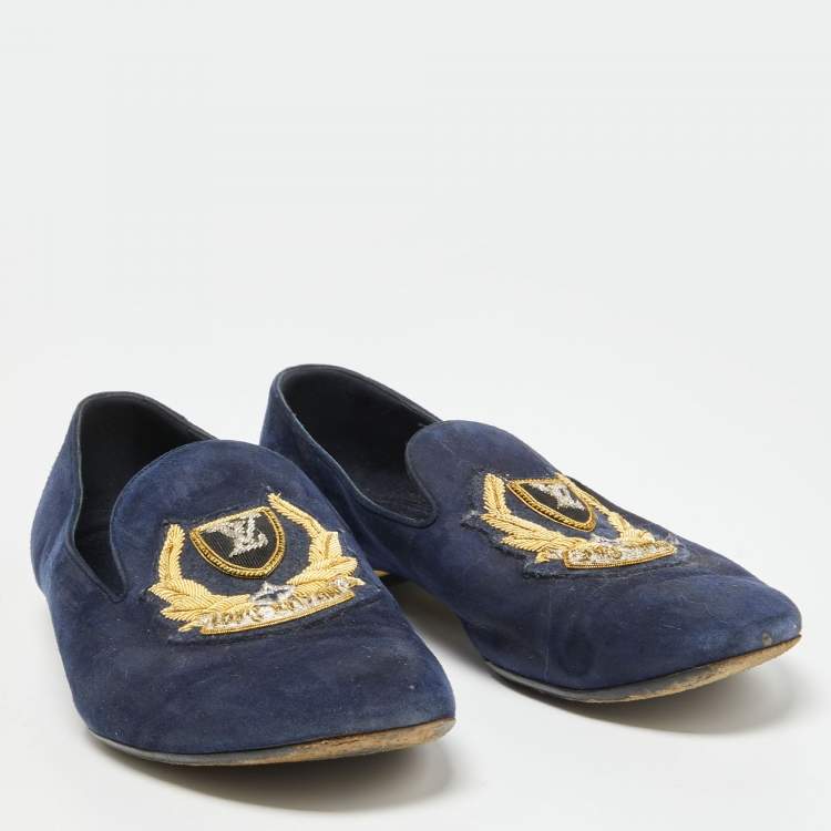 Pre Owned Louis Vuitton Navy Blue Suede Embroidered Smoking Slippers Size 38
