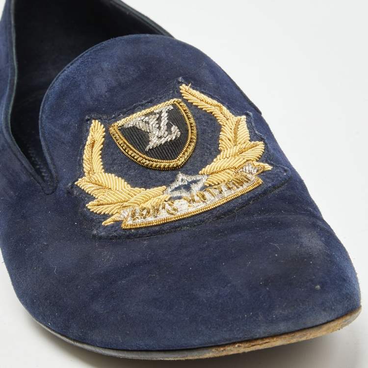 Pre Owned Louis Vuitton Navy Blue Suede Embroidered Smoking Slippers Size 38