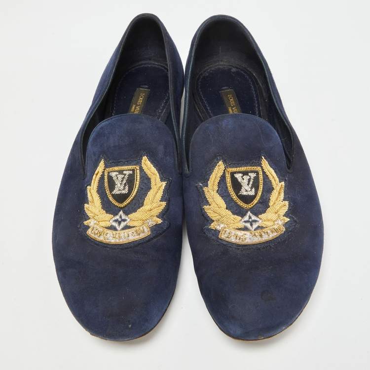 Pre Owned Louis Vuitton Navy Blue Suede Embroidered Smoking Slippers Size 38