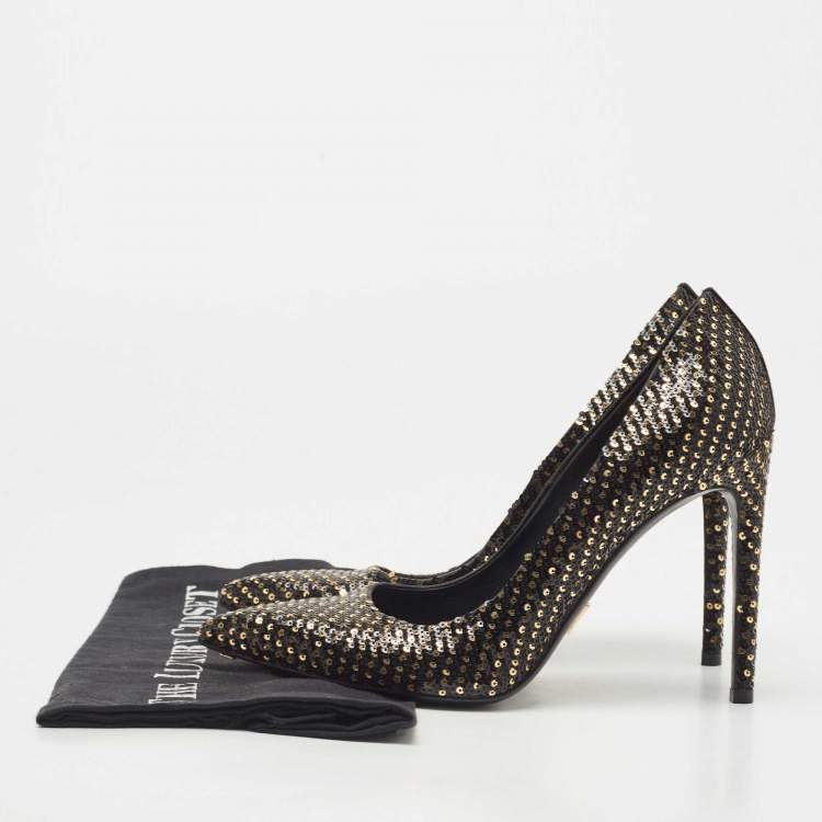 Pre Owned Louis Vuitton Black Sequins Liza Pointed Toe Pumps Size 38.5