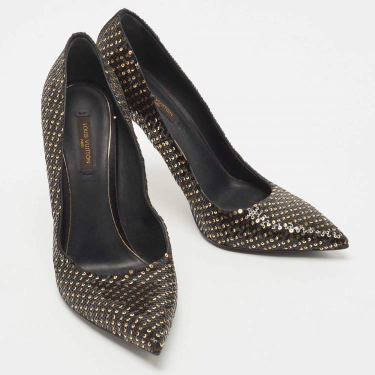 Pre Owned Louis Vuitton Black Sequins Liza Pointed Toe Pumps Size 38.5