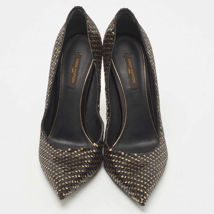 Pre Owned Louis Vuitton Black Sequins Liza Pointed Toe Pumps Size 38.5