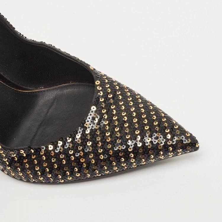 Pre Owned Louis Vuitton Black Sequins Liza Pointed Toe Pumps Size 38.5