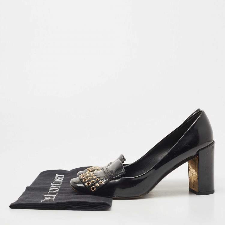 Pre Owned Louis Vuitton Black Patent Leather Studded Fringe Pumps Size 37.5 