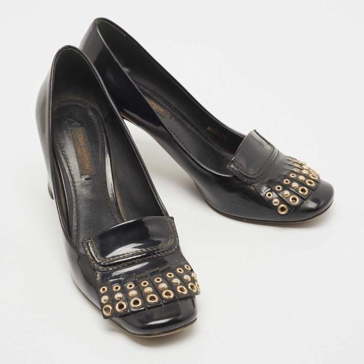 Pre Owned Louis Vuitton Black Patent Leather Studded Fringe Pumps Size 37.5 