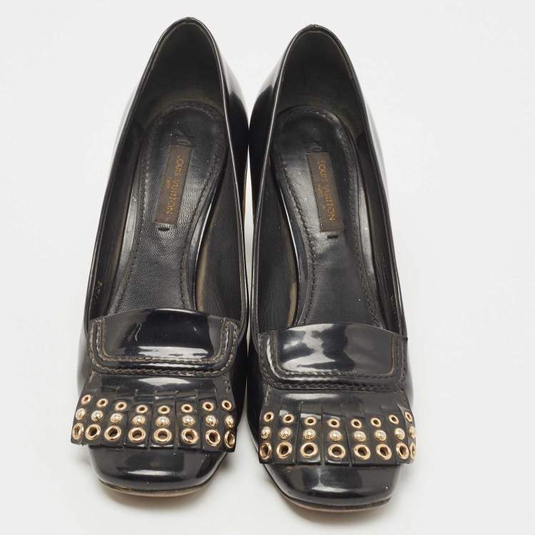 Pre Owned Louis Vuitton Black Patent Leather Studded Fringe Pumps Size 37.5 