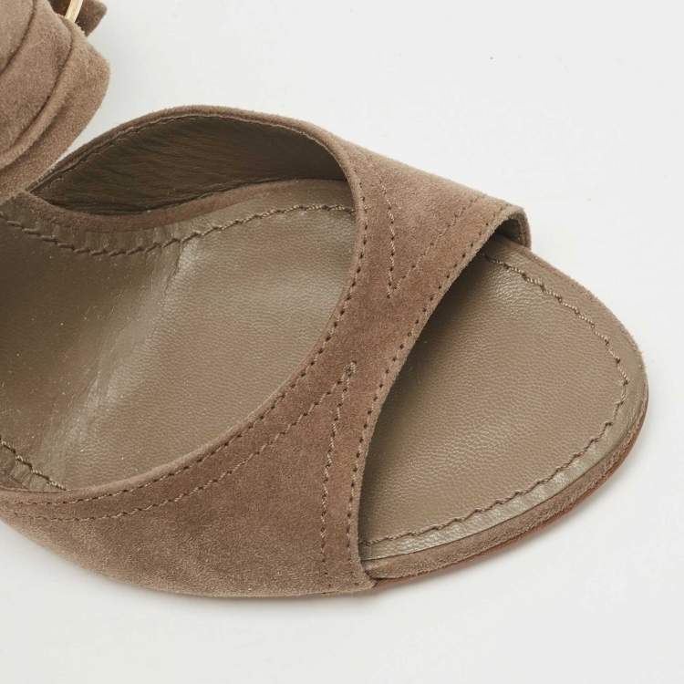 Pre Owned Louis Vuitton Grey Suede Wedge Ankle Wrap Sandals Size 37