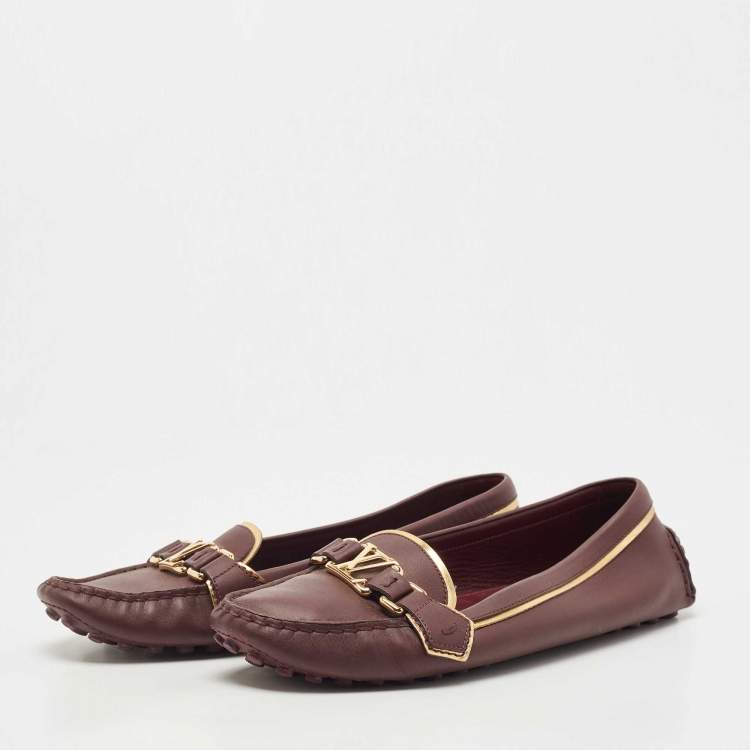 Pre Owned Louis Vuitton Burgundy/Gold Leather Oxford Loafers Size 41