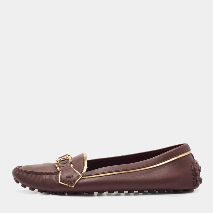 Pre Owned Louis Vuitton Burgundy/Gold Leather Oxford Loafers Size 41