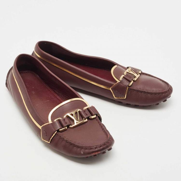 Pre Owned Louis Vuitton Burgundy/Gold Leather Oxford Loafers Size 41