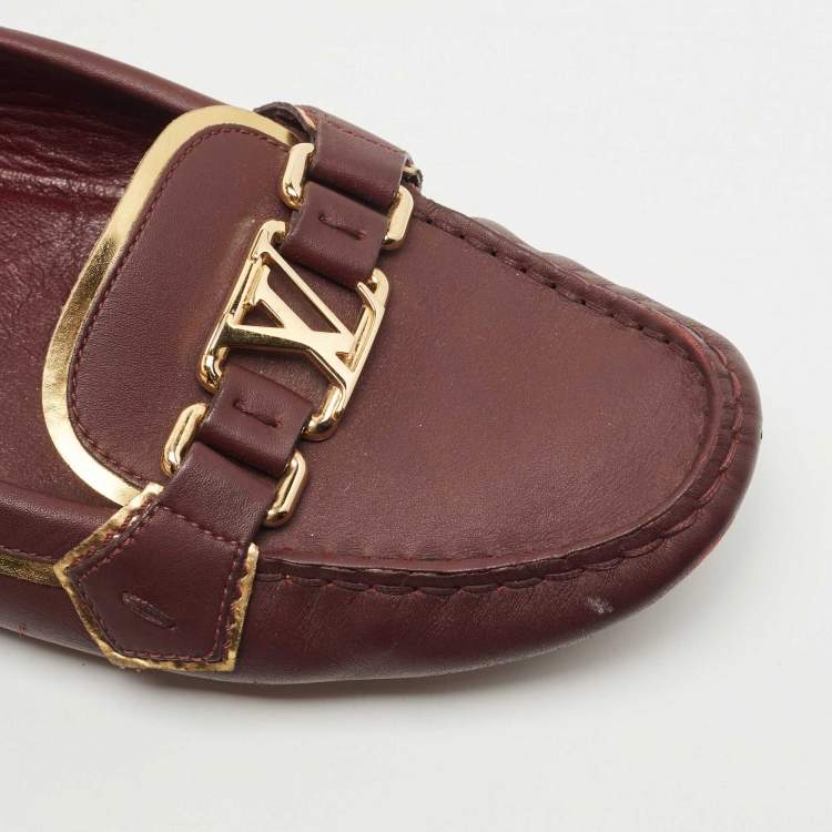 Pre Owned Louis Vuitton Burgundy/Gold Leather Oxford Loafers Size 41
