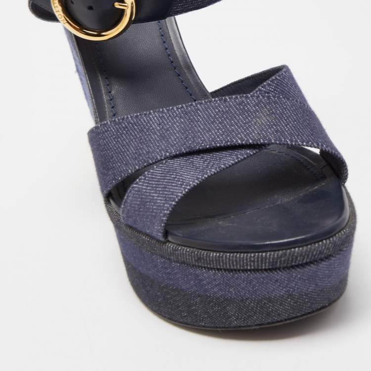 Pre Owned Louis Vuitton Navy Blue Denim Wedge Platform Ankle Strap Sandals Size 41
