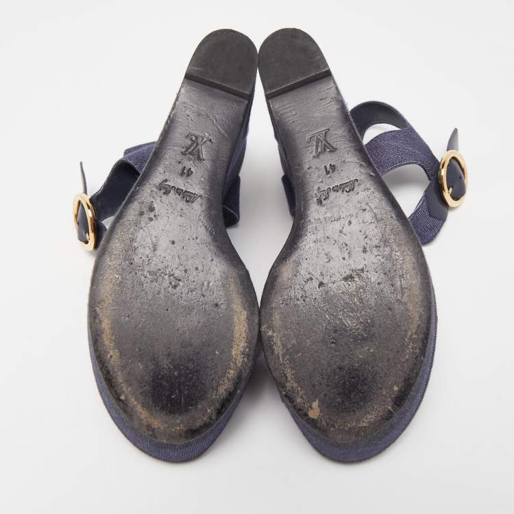 Pre Owned Louis Vuitton Navy Blue Denim Wedge Platform Ankle Strap Sandals Size 41