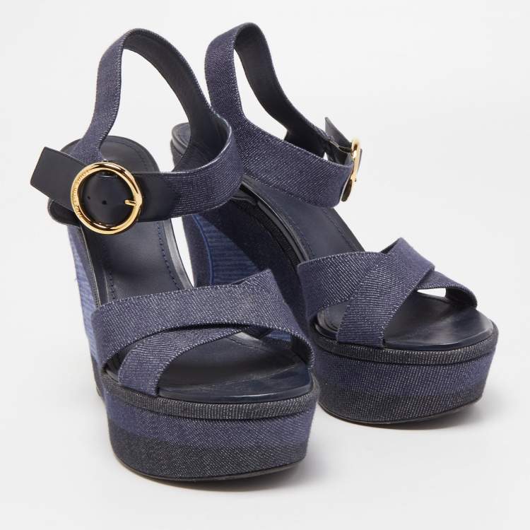 Pre Owned Louis Vuitton Navy Blue Denim Wedge Platform Ankle Strap Sandals Size 41