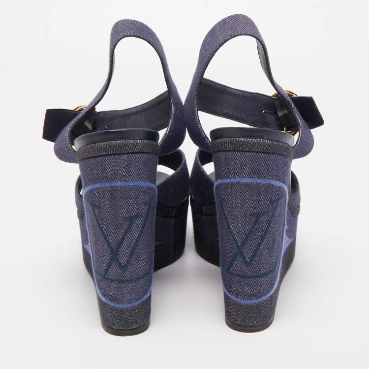 Pre Owned Louis Vuitton Navy Blue Denim Wedge Platform Ankle Strap Sandals Size 41