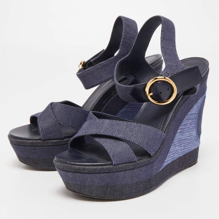 Rare Louis Vuitton Blue Denim & Leather W/ Wood Wedge Sandals Shoes 9013-38