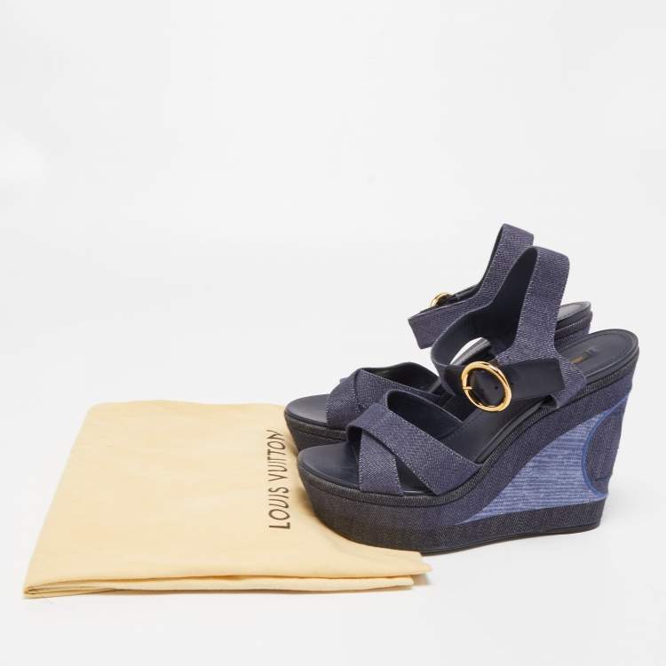 Pre Owned Louis Vuitton Navy Blue Denim Wedge Platform Ankle Strap Sandals Size 41