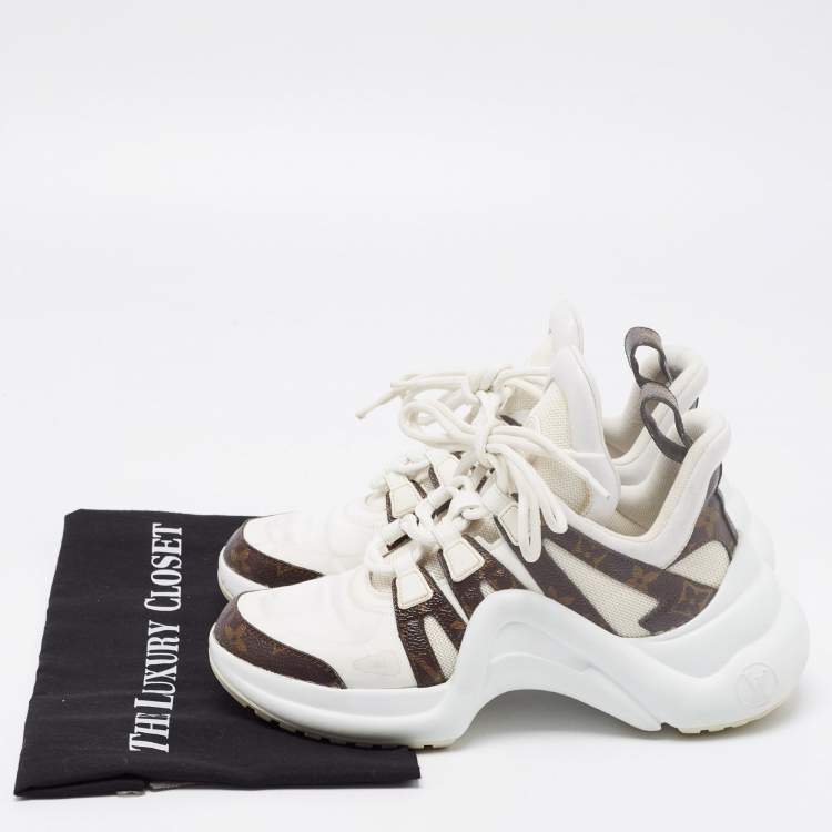 Pre Owned Louis Vuitton White/Brown Mesh and Monogram Canvas Archlight Sneakers Size 36.5