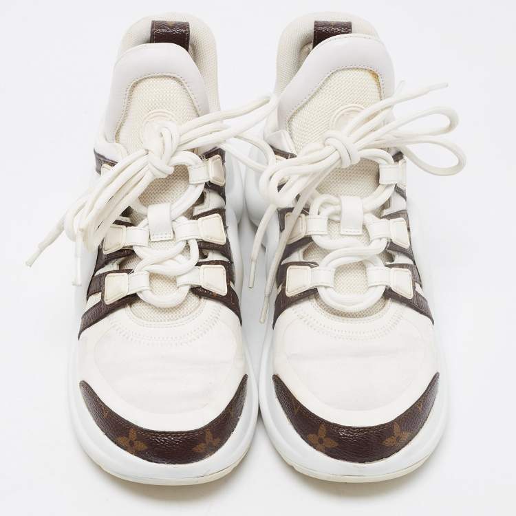 Pre Owned Louis Vuitton White/Brown Mesh and Monogram Canvas Archlight Sneakers Size 36.5