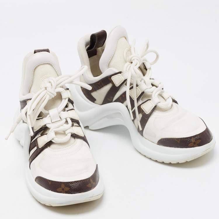 Pre Owned Louis Vuitton White/Brown Mesh and Monogram Canvas Archlight Sneakers Size 36.5