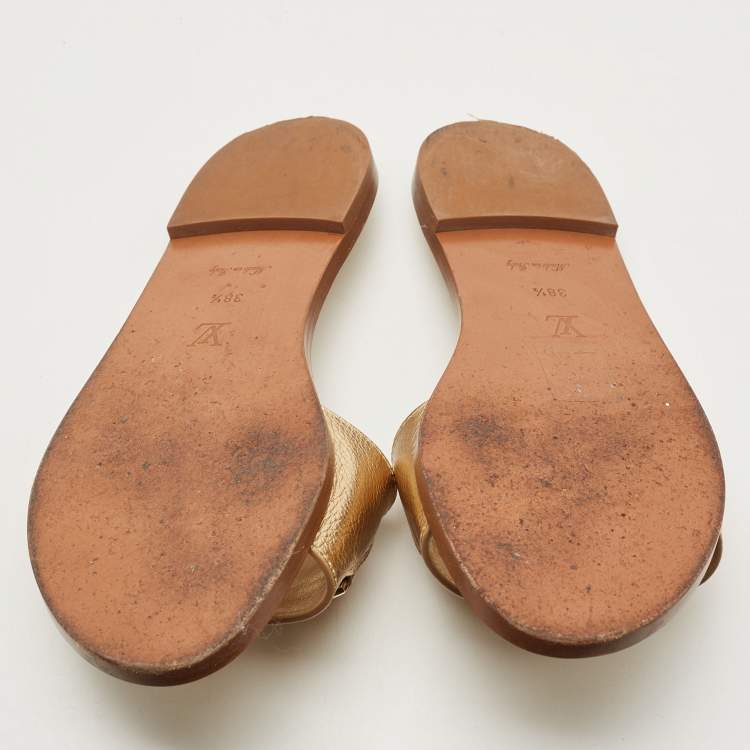 Pre Owned Louis Vuitton Gold Foil Leather Flat Slides Size 38.5