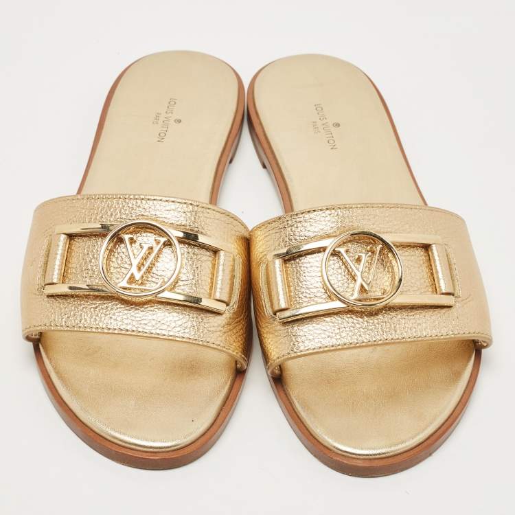 Pre Owned Louis Vuitton Gold Foil Leather Flat Slides Size 38.5