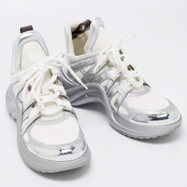 Pre Owned Louis Vuitton White/Silver Mesh and Leather Archlight Sneakers Size 40