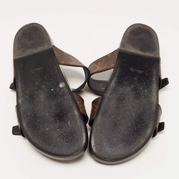 Pre Owned Louis Vuitton Brown Monogram Coated Canvas Bom Dia Flat Slides Size 39