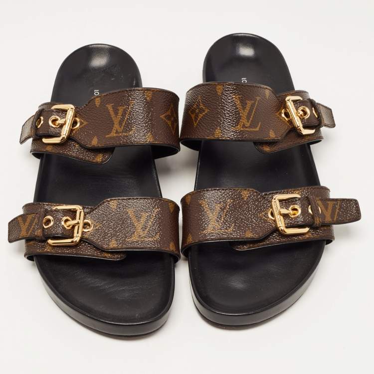 Pre Owned Louis Vuitton Brown Monogram Coated Canvas Bom Dia Flat Slides Size 39