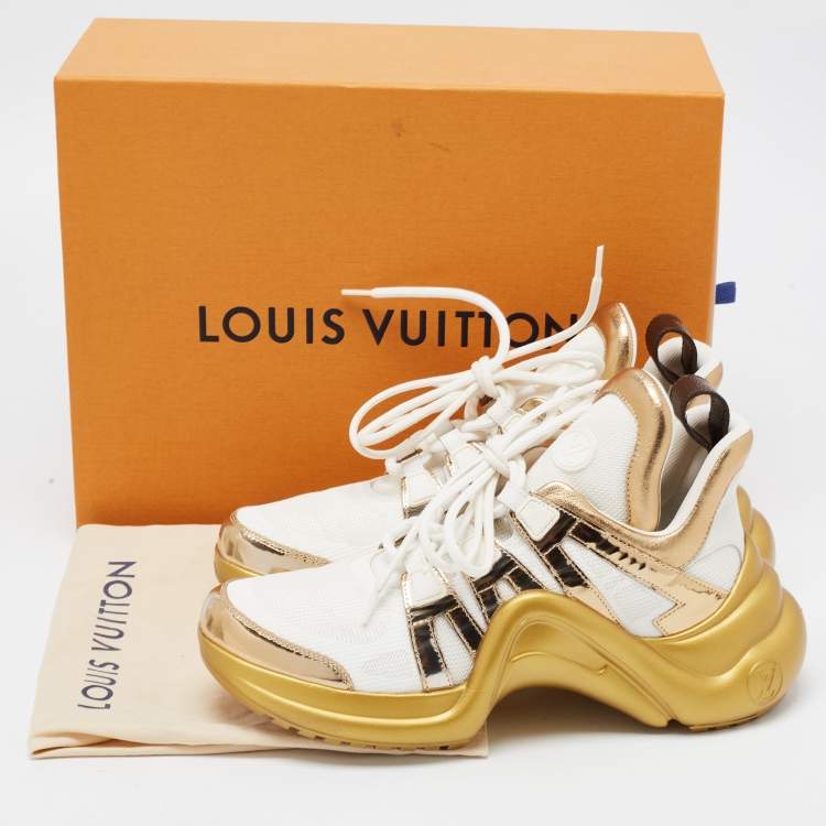 Pre Owned Louis Vuitton White/Gold Nylon and Foil Leather Arclight Low Top Sneakers Size 39