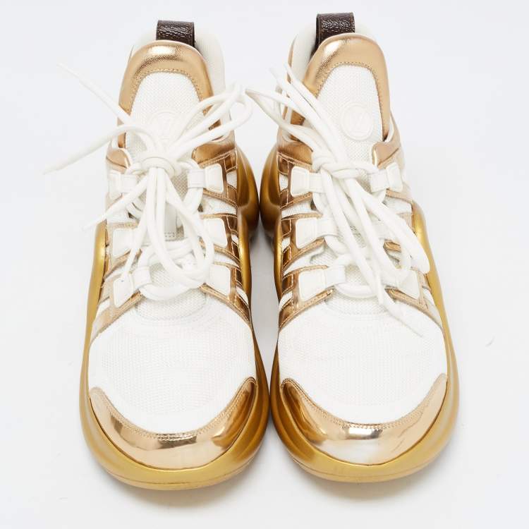 Pre Owned Louis Vuitton White/Gold Nylon and Foil Leather Arclight Low Top Sneakers Size 39