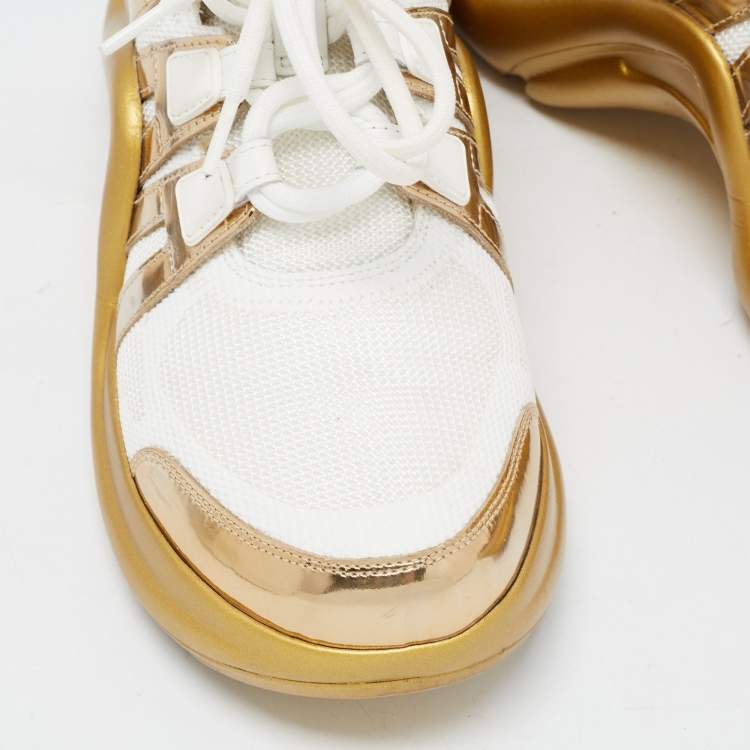 Pre Owned Louis Vuitton White/Gold Nylon and Foil Leather Arclight Low Top Sneakers Size 39