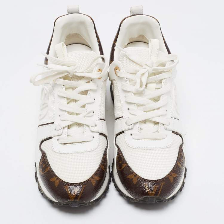 Pre Owned Louis Vuitton White Mesh, Leather and Monogram Canvas Run Away Sneakers Size 36