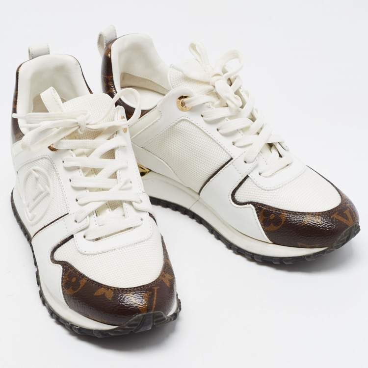 Pre Owned Louis Vuitton White Mesh, Leather and Monogram Canvas Run Away Sneakers Size 36