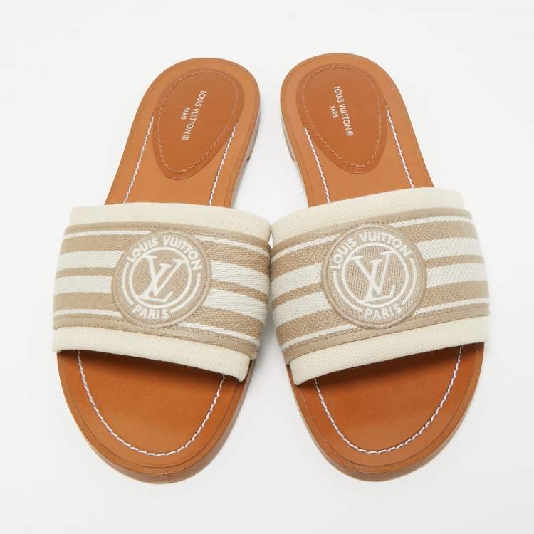 Pre Owned Louis Vuitton Beige Canvas Logo Flat Slides Size 38