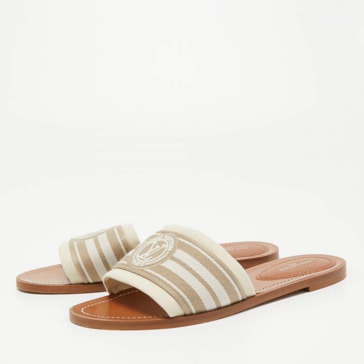 Pre Owned Louis Vuitton Beige Canvas Logo Flat Slides Size 38