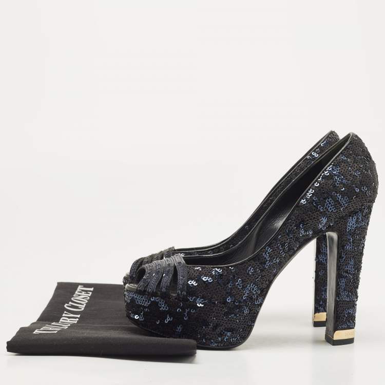 Pre Owned Louis Vuitton Navy Blue/Black Sequins Peep Toe Platform Pumps Size 37