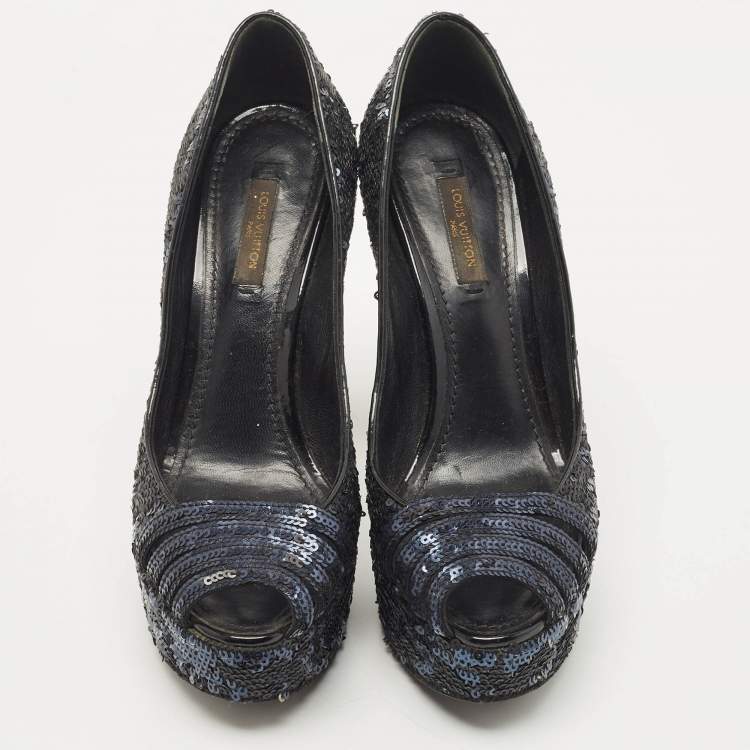 Pre Owned Louis Vuitton Navy Blue/Black Sequins Peep Toe Platform Pumps Size 37