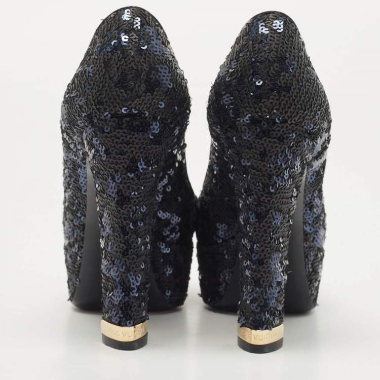 Pre Owned Louis Vuitton Navy Blue/Black Sequins Peep Toe Platform Pumps Size 37
