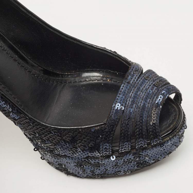 Pre Owned Louis Vuitton Navy Blue/Black Sequins Peep Toe Platform Pumps Size 37