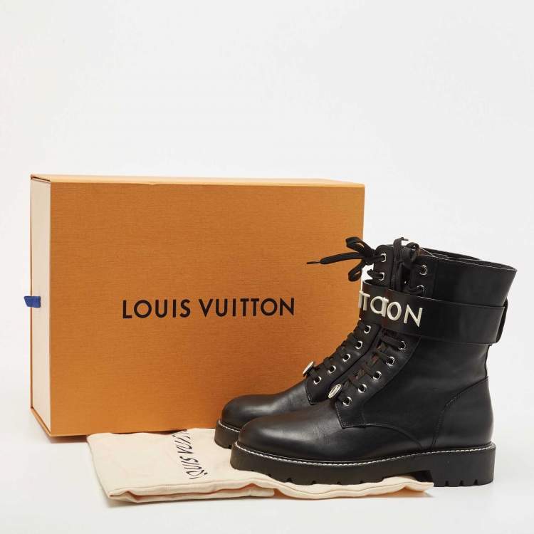 Pre Owned Louis Vuitton Black Leather Wonderland Ranger Ankle Length Combat Boots Size 40