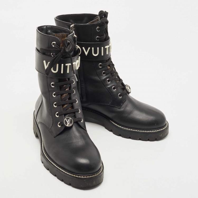 Pre Owned Louis Vuitton Black Leather Wonderland Ranger Ankle Length Combat Boots Size 40
