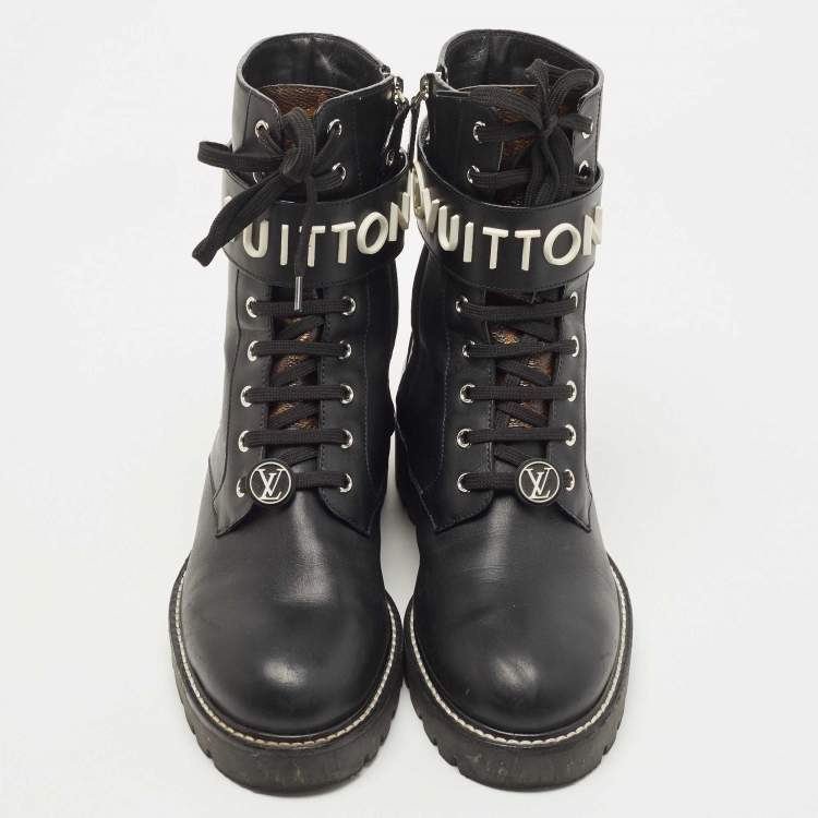Pre Owned Louis Vuitton Black Leather Wonderland Ranger Ankle Length Combat Boots Size 40