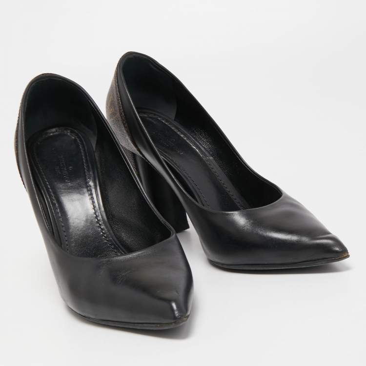 Pre Owned Louis Vuitton Black/Brown Leather and Monogram Canvas Matchmaker Pumps Size 37.5