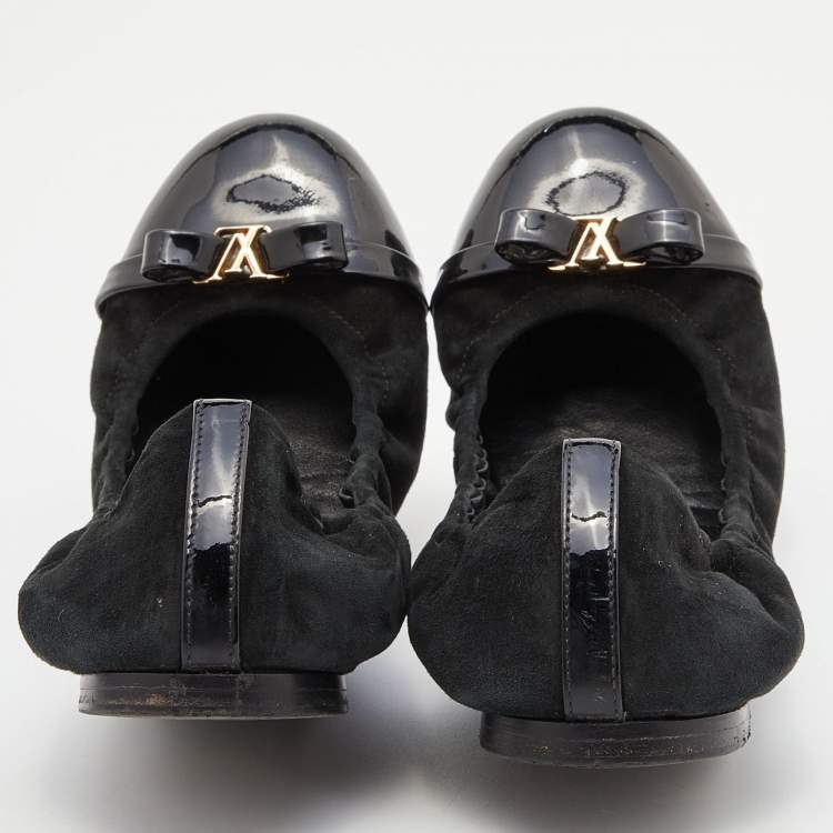 Pre Owned Louis Vuitton Black Suede and Patent Leather Elba Scrunch Ballet Flats Size 36.5