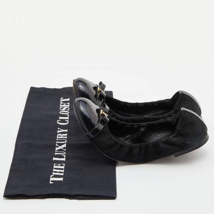 Pre Owned Louis Vuitton Black Suede and Patent Leather Elba Scrunch Ballet Flats Size 36.5