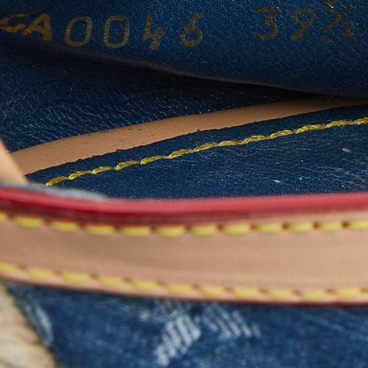 Pre Owned Louis Vuitton Blue/Beige Monogram Denim and Leather Espadrille Slingback Wedge Sandals Size 39.5
