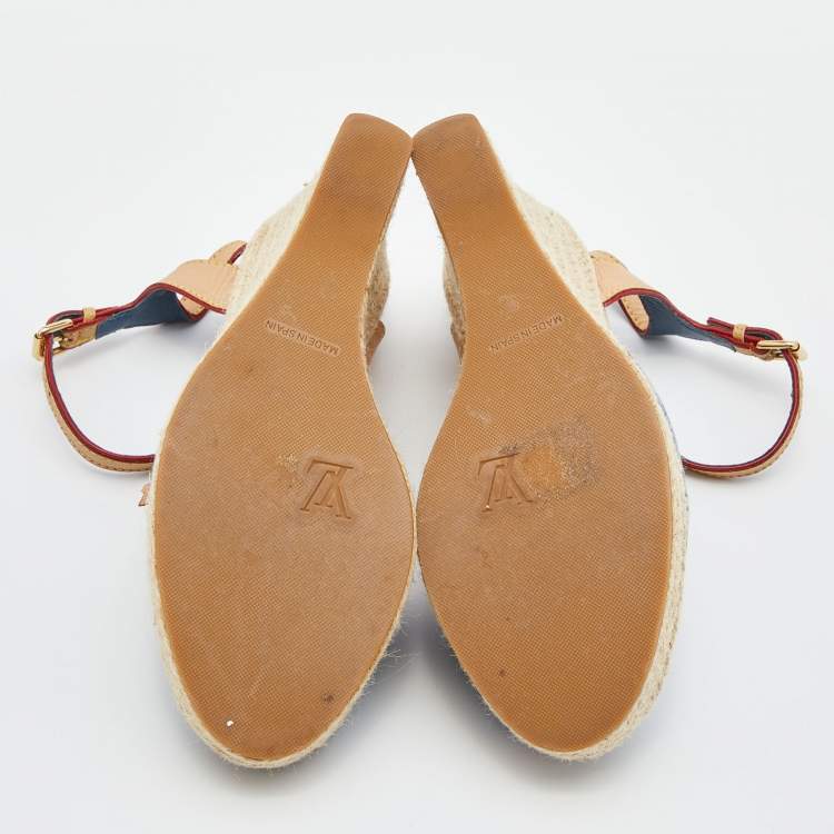 Pre Owned Louis Vuitton Blue/Beige Monogram Denim and Leather Espadrille Slingback Wedge Sandals Size 39.5