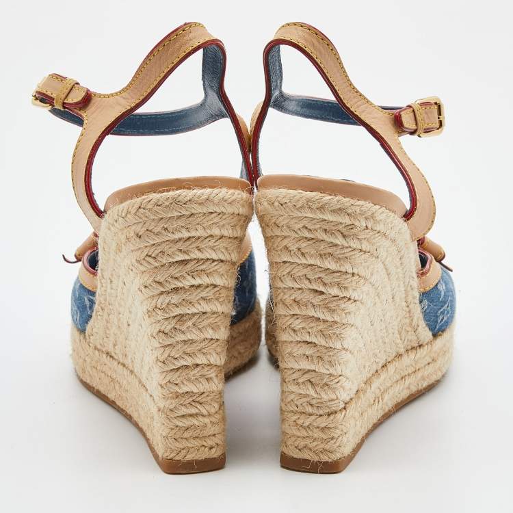 Pre Owned Louis Vuitton Blue/Beige Monogram Denim and Leather Espadrille Slingback Wedge Sandals Size 39.5
