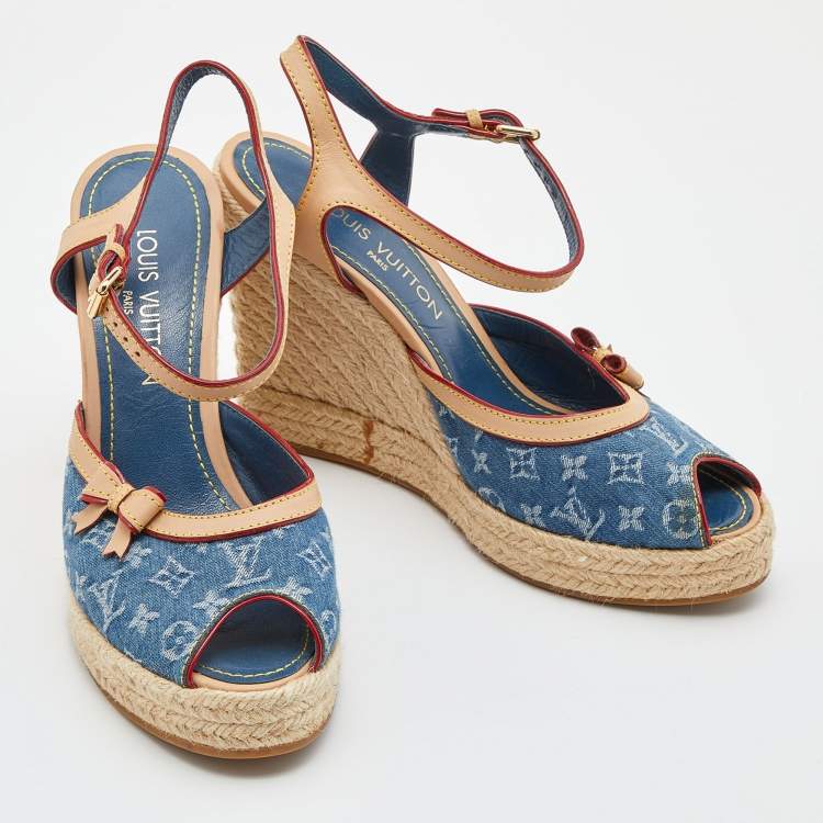 Pre Owned Louis Vuitton Blue/Beige Monogram Denim and Leather Espadrille Slingback Wedge Sandals Size 39.5